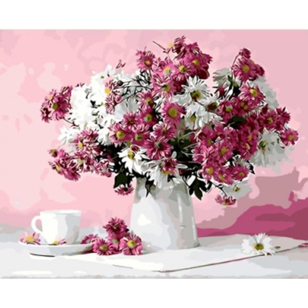 Pink & White Flowers in a Vase with Cup of Tea