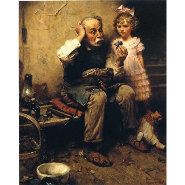 Norman Rockwell Cobbler Studying Doll's Shoe