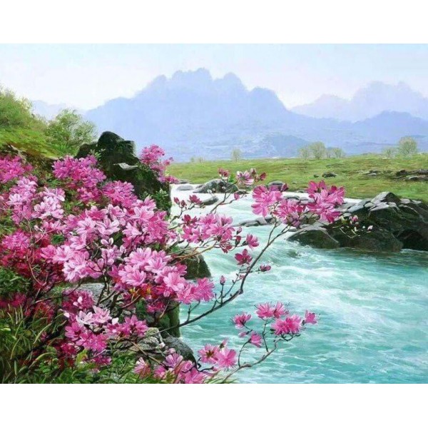 Pink Flowers by the River